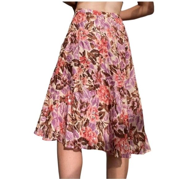 Y2K Floral Midi Skirt 8 Cotton Pink Brown Asymmetrical Sequin Details Boho India - Picture 1 of 15